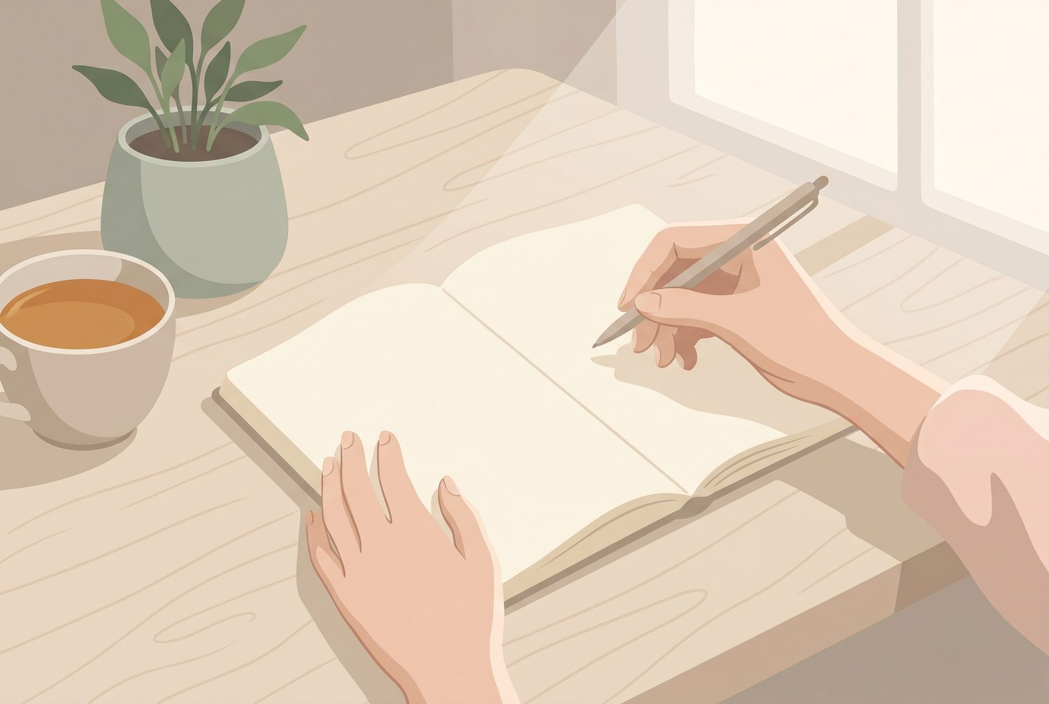 ノートに記録する手元のイラスト