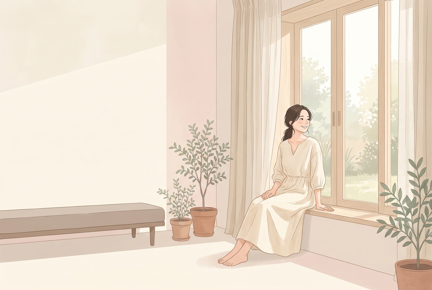 窓辺で穏やかに微笑む女性のイラスト